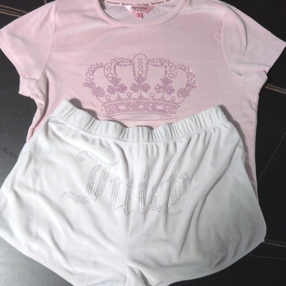 Juicy Couture Velour sleepwear set rhinestone logo Size XL Pink White Baby T